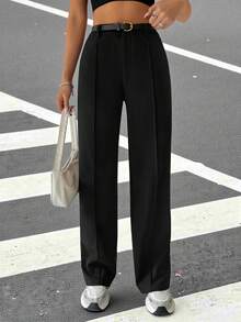 Muchica Women's Casual Solid Color Straight Leg Pants With Belt In Fall/Winter - Black - View 5