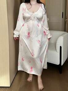 Dazy Plus Plus Size Elegant Floral V-Neck Contrast Lace Cinched Waist Maxi Dress With Flare Sleeves, Sleepwear - Apricot - View 5