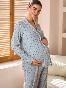 SHEIN 2pcs Maternity Bow Print Lapel Collar Long Sleeve Button-Up Top And Adjustable Waist Pants Set,Maternity Clothes - Grey - View 4