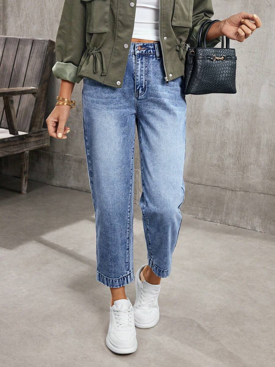 SHEIN PETITE Quần jeans nữ màu xanh nhạt, cạp cao, có đai, kiểu dáng thường ngày, đa năng. - Màu xanh lam - Xem 1
