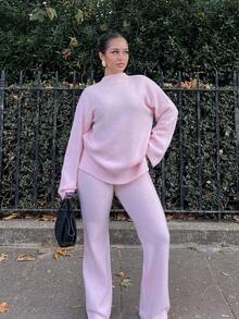 NegzBox Setelan 2 Potong Sweater Rajut Polos Kasual Wanita, Musim Gugur/Dingin - Baby Pink - View 6