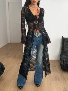 Coolane Women's Fall/All-Season Rave Renaissance Fair Hippie Music Festival Gyaru Lace Straps Ruffle Ribbon Long Coat /Cover Up