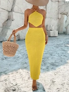 Breezaya 女士休闲度假纯色吊带上衣和半身裙套装 黄色中长连衣裙 黄色紧身连衣裙 镂空连衣裙 紧身夏季连衣裙 黄色性感连衣裙 - 黃色 - 查看 4