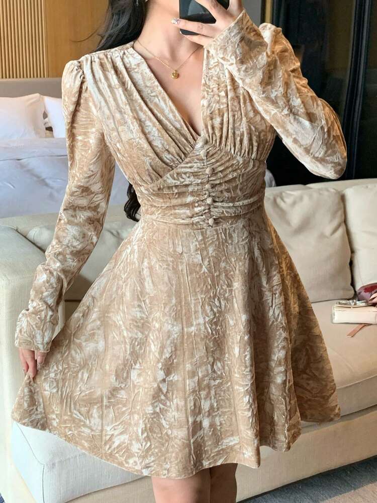 Women's Elegant Solid Color V-Neck Ruched Puff Sleeve Mini Dress, Autumn/Winter