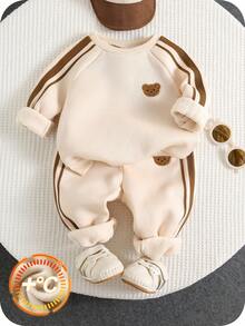 2件套男婴可爱米色小熊图案长袖卫衣和运动裤套装，男女通用婴儿服装，婴儿冬季服装
