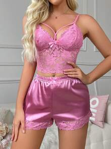 Lace Camisole & Shorts Pajama Set Sexy Sleep Set Satin Lingerie Set
