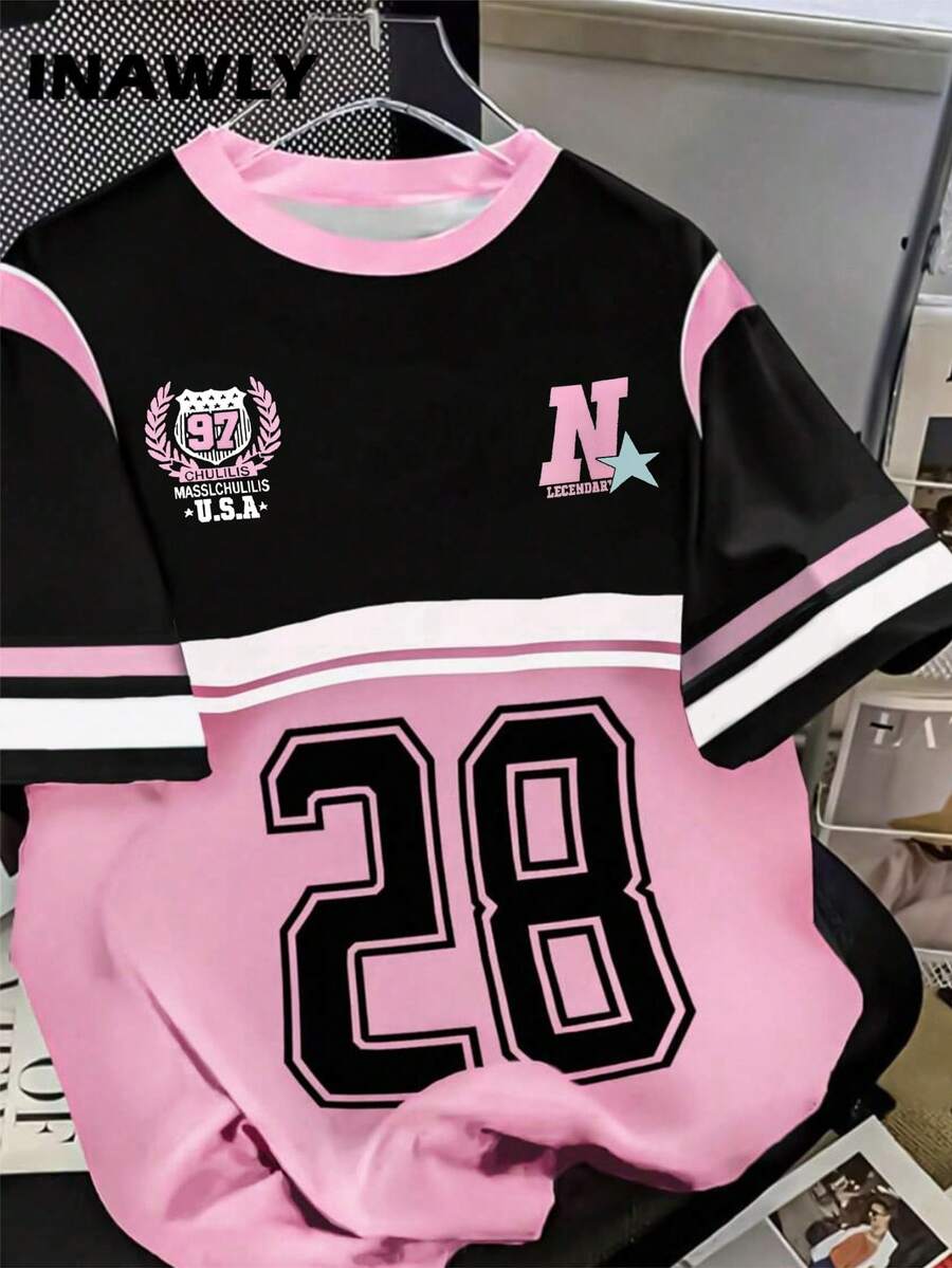 SHEIN 少女休闲运动风数字28条纹撞色印花短袖圆领T恤,适合户外运动穿着,四季皆宜 - 彩色 - 查看 1