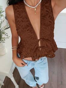 Serisse Blusa sin mangas con nudo delantero y estampado floral 3D, para verano - Marrón - Ver 3