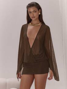 MUSERA Đầm ngắn tay xòe xẻ sâu phía trước, chất liệu xuyên thấu, gợi cảm, thích hợp cho buổi tối đi chơi, kỳ nghỉ, tiệc tùng, thanh lịch, mùa hè. - Màu nâu Sô-cô-la - Xem 5