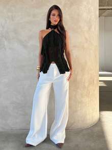 Aloruh Women's Elegant Multi-Layer Ruffle Trim Stand Collar Fitted Tank Top,Tank Top,Black Top - Black - View 4