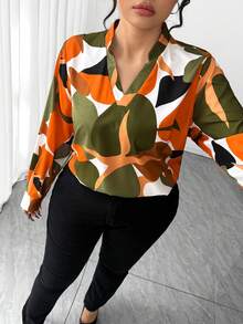 SHEIN Elenzya Blusa de manga larga con cuello en V y estampado floral para mujer de talla grande, elegante para el trabajo y cómoda - Multicolor - Ver 6