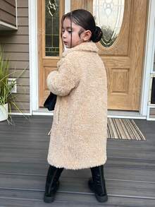 SHEIN Young Girl Knitted Fluffy Collar Casual Jacket, Girl Coat, Girl Clothes Autumn And Winter Clothes - Apricot - View 2