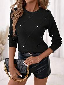 Editum 女士冬季钻石纹理毛衣上衣，带珍珠装饰，圆领，适合度假、派对、音乐节、家居服、返校活动、作为礼物和购物、秋季毛衣、优雅女装、基本款上衣 - 黑色 - 查看 1