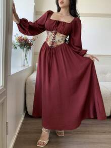 Feyla Váy dài tay họa tiết thêu Jacquard cổ điển kiểu Pháp mới - Màu Đỏ Sâu - Xem 2