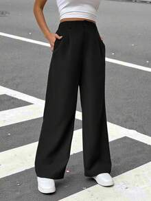 Muchica 通勤风黑色纯色斜插口袋裤 - 黑色 - 查看 7