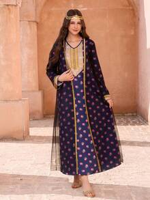 花卉印花長袖夾克與洋裝兩件套，時尚青少年女孩深藍色穆斯林長袍洋裝，秋季，家庭配色款 - 藍色 - 查看 1
