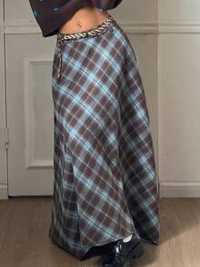 DAZY Chân váy dài kẻ caro thời trang nữ, phong cách Thu/Đông Y2K - Màu Khaki - Xem 4