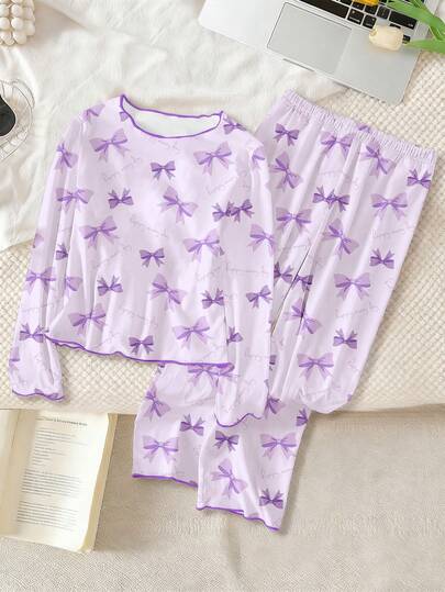 Pijama para niñas preadolescentes - Conjunto de pijama de 2 piezas con estampado de lazos lavanda, top de cuello redondo de manga larga a juego con pantalones largos, ropa de dormir cómoda y ligera para todo el año, regalo imprescindible para el 2026, para el dormitorio y los viajes, con cintura elástica y elástica para el tiempo de juego