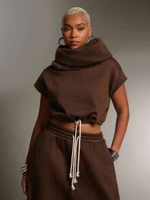 Denimoi High Neck Hooded Multi-Wear Terry Sweatshirt Top Fashionable Streetwear Sweatshirt - Brown - View 3