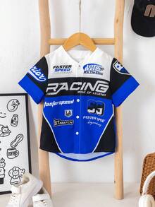 Young Boys' Casual Sports Street Letter Contrast Stripe English Print Open Front Short Sleeve Shirt, Suitable For Commuting, School, Daily Casual, Vacation, Sports, Festivals And Gatherings, Spring/Summer/Autumn/Winter - Blue - View 3