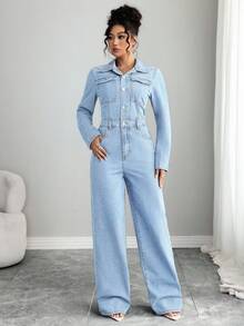 Elenzga 女士休闲优雅牛仔背带裤和连体裤 - 淺色水洗藍 - 查看 5