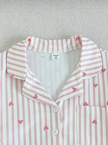 SHEIN 2件套少女时尚爱心条纹印花休闲舒适撞色领长袖开衫和宽松长裤家居服套装 - 粉色 - 查看 5