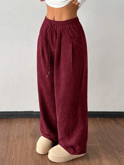 SHEIN PETITE Women's Autumn And Winter Street Fashion Casual Retro Corduroy Textured Pants Women Pants Loose Pants For Women Corduroy Pants Baggy Pants Burgundy Pants Harem Pants Women's Corduroy Pants