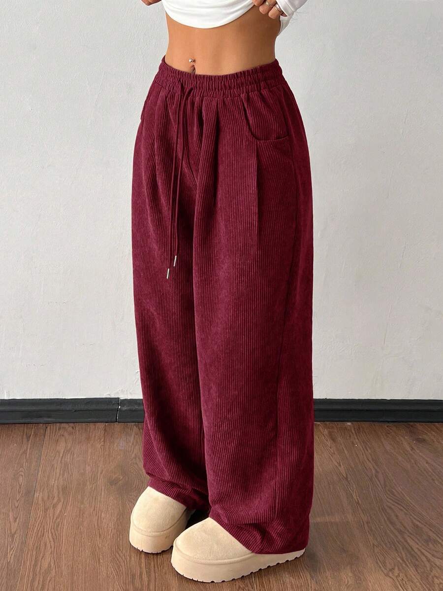 SHEIN PETITE Women's Autumn And Winter Street Fashion Casual Retro Corduroy Textured Pants Women Pants Loose Pants For Women Corduroy Pants Baggy Pants Burgundy Pants Harem Pants Women's Corduroy Pants - Burgundy - View 1