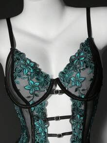 SHEIN 1pc Women's Sexy Lingerie Floral Embroidery Mesh Bodysuit - Dark Green - View 5