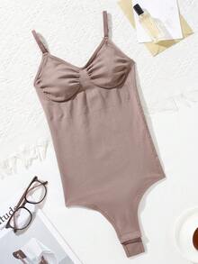 Women's Mocha Brown High Stretch Casual Comfy Backless Thong Bodysuit - Mocha Brown - View 3