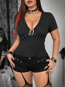 Whyspr Áo thun ôm sát cổ chữ V thiết kế lỗ xỏ dây cỡ lớn dành cho nữ - màu đen - Xem 3