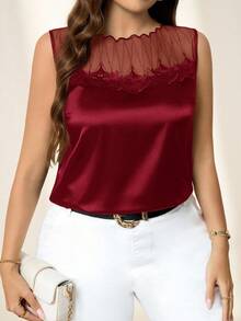 Chikora Blusa sin mangas elegante y de moda con parches de malla para tallas grandes - Rosa Roja - Ver 4