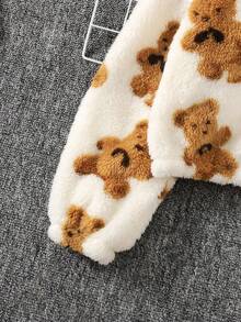 SHEIN Tween Girls' Loose Casual Fluffy Zip-Up Long Sleeve Jacket, Fuzzy Jacket, Teddy Bear Clothes, Teddy Bear Print Jacket, Teddy Bear Jacket, Plush Jacket - White - View 3