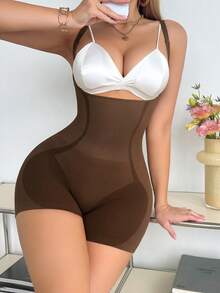 SHEIN 1pc Women's Solid Color High Elasticity Bodysuit - Chocolate Brown - View 6