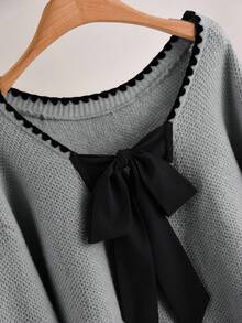 CosyJoli Plus-Size Women's Bow Woolen Pullover Top,Pink And Grey,Autumn,Cute,School,Back-To-School Warm Sweaters,Winter Clothing For Women,Loose Winter Clothes - Grey - View 4