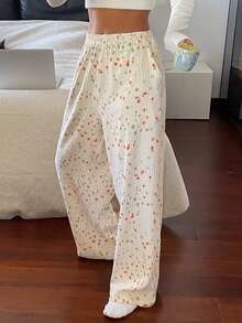 DAZY 星形花卉印花直筒女士睡裤 - 米色 - 查看 6