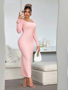 SHEIN SXY Váy len dệt kim cổ tròn tay dài thu đông cho nữ, màu hồng nhạt - Màu Hồng baby - Xem 5