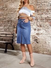 EMERY ROSE 女士休闲百搭纽扣口袋牛仔迷你裙 - 藍色 - 查看 3