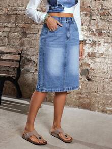 EMERY ROSE 女士高腰口袋直筒宽松休闲牛仔裙 - 藍色 - 查看 5