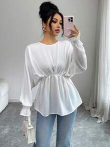 Modelyn Women's French Round Neck Batwing Satin Sleeve Blouse, Spring/Summer/Autumn - White - View 4