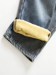 SHEIN Young Boys Loose Fit Blue Denim Thermal Lined Pants, Autumn/Winter - Dark Wash - View 5