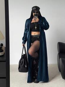 Sunspun Plus Size Lapel Belt A-Line Pocket Long Sleeve PU Windbreaker - Navy Blue - View 3