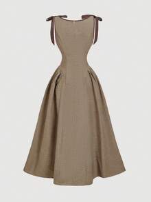 SHEIN MOD 圆领无袖撞色滚边蝴蝶结装饰腰部喇叭格纹连衣裙 - 卡其色 - 查看 2