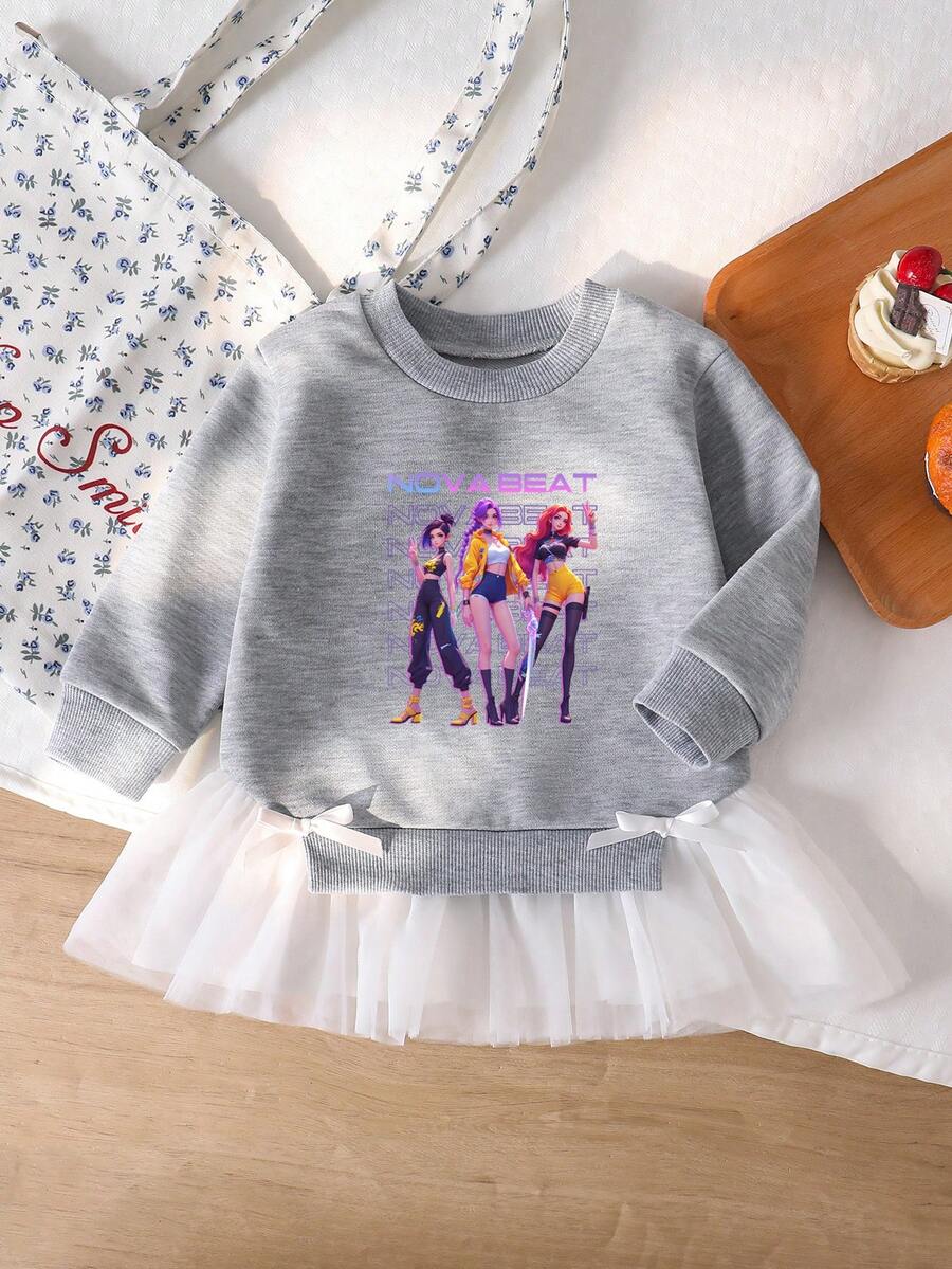 Toddler Girls' Casual Elegant Sweatshirt Dress, Mesh Hem Design, Cartoon Character & Girl Group Graphic, Comfortable Crew Neck Long Sleeve Hoodie Dress, Suitable For Autumn/Winter/Spring, Casual Outfit For School, Gathering, Outdoor, Photography, Holiday, Gift - Multicolor - View 1