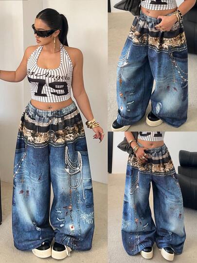 POPSWAY Plus Size Women Denim Effect Print & Chain Decor Elegant Casual Straight Leg Pants