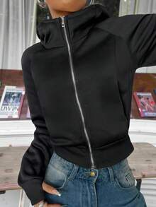 Muchica Women's Black Casual Everyday Zip-Up Hoodie, Autumn,Fall,Zip Up Hoodie Women,Zip Up Hoodie For Women - Black - View 5