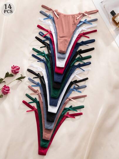 SHEIN 14条/套 可爱蝴蝶结设计舒适丁字裤 女士款，多色