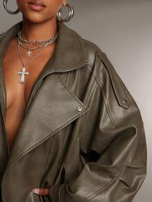 Denimoi 女士休闲时尚街头风高领落肩宽松拉链搭扣弹力下摆PU皮夹克，秋冬款 - 灰色 - 查看 4