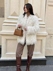 SHEIN Glamour Áo khoác len lông cừu dài tay rộng rãi thời trang cho nữ, màu trơn, mùa thu/đông - Kem - Xem 4