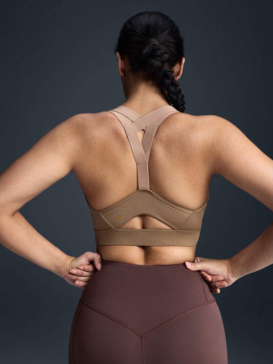 Powerista Women's Contrast Color Backless Racerback Sports Bra For Daily Workout - Brown - View 1